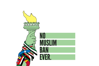 [ai] Illustration of the Statue of Liberty holding a torch, with colorful ribbons intertwined around the arm. Text reads: 'NO MUSLIM BAN EVER' in bold letters beside it.